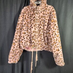 Know One Cares Pink Leopard Print Sherpa Zip Jacket Medium